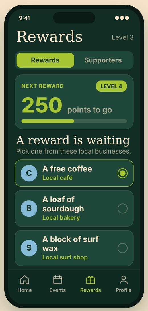 Sample Rewards screen showing rewards from local businesses