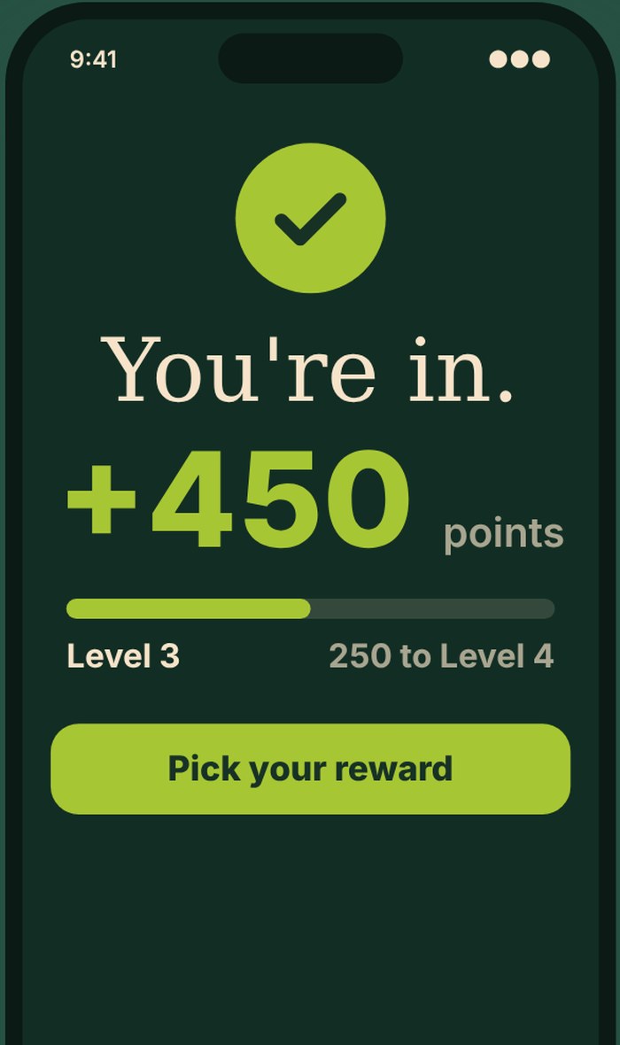 Sample app screen: You're in, plus 450 points, Level 3, pick your reward