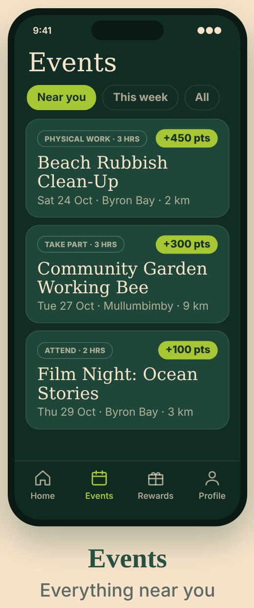Sample Events screen: events near you