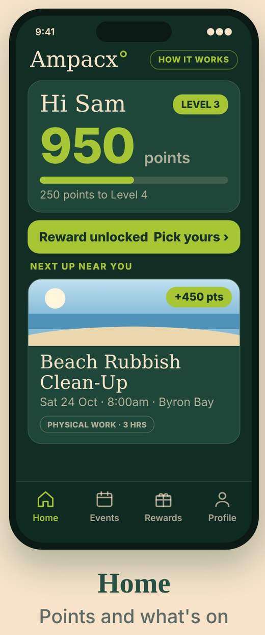 Sample Home screen: points, level and the next event