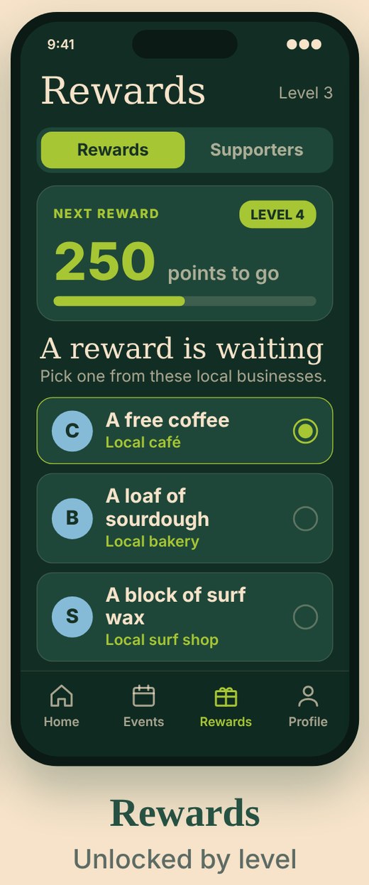 Sample Rewards screen: pick a reward from local businesses